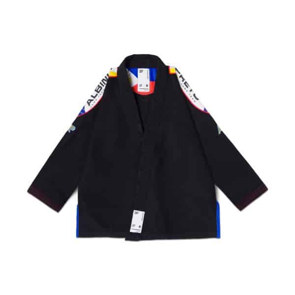 AP Pinas Comp Gi Black jacket front with shoulder patches red stitching and inner label
