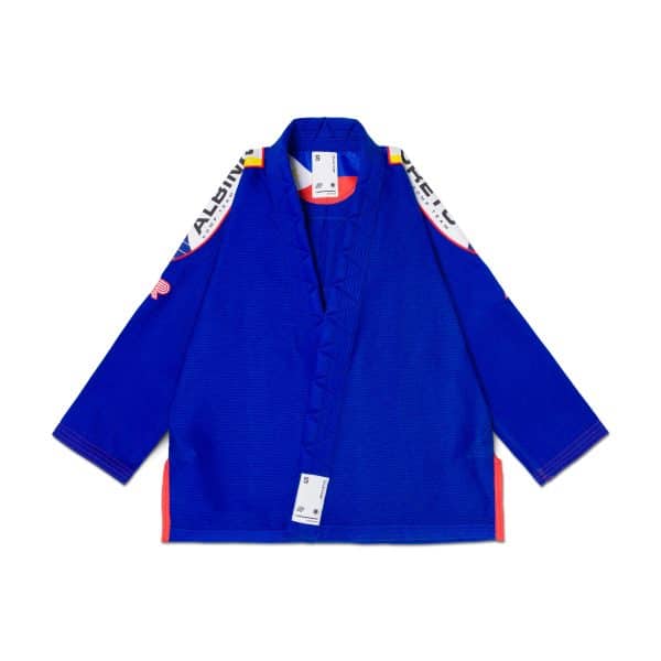 AP Pinas Comp Gi Royal jacket front with shoulder patches red stitching and inner label