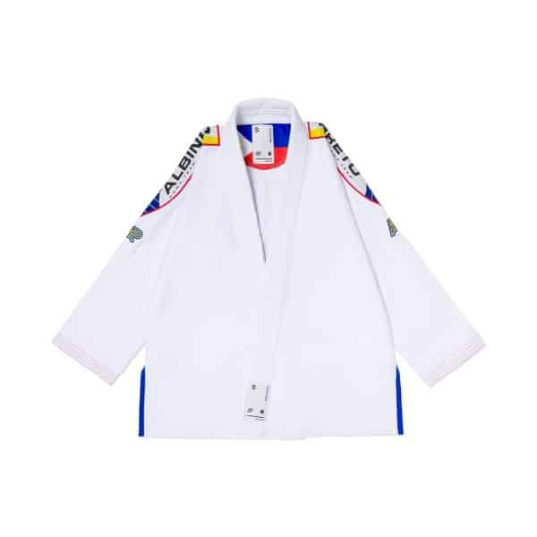 AP Pinas Comp Gi White jacket front with shoulder patches inner label and red stitching