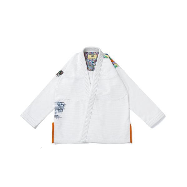 AP B108 white kimono front view with stained glass yoke, shoulder patch, and orange side vents