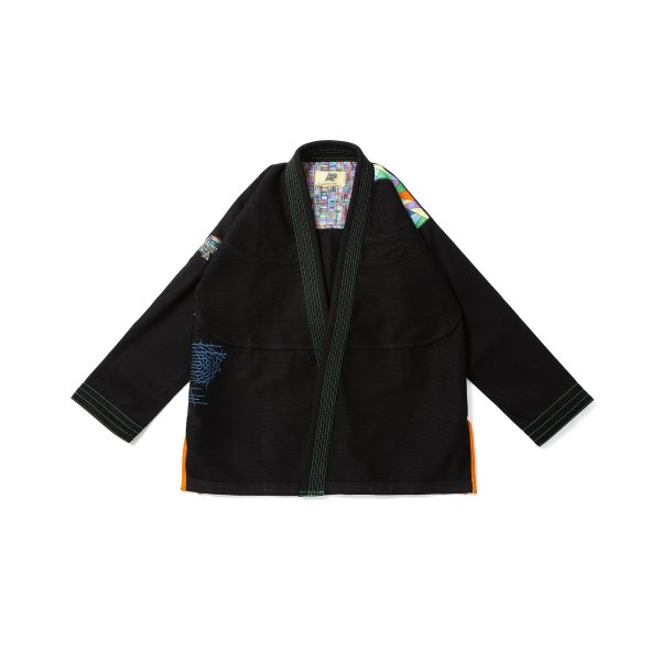 AP B108 black kimono front view with stained glass yoke, shoulder patch, blue embroidery, and orange side vents