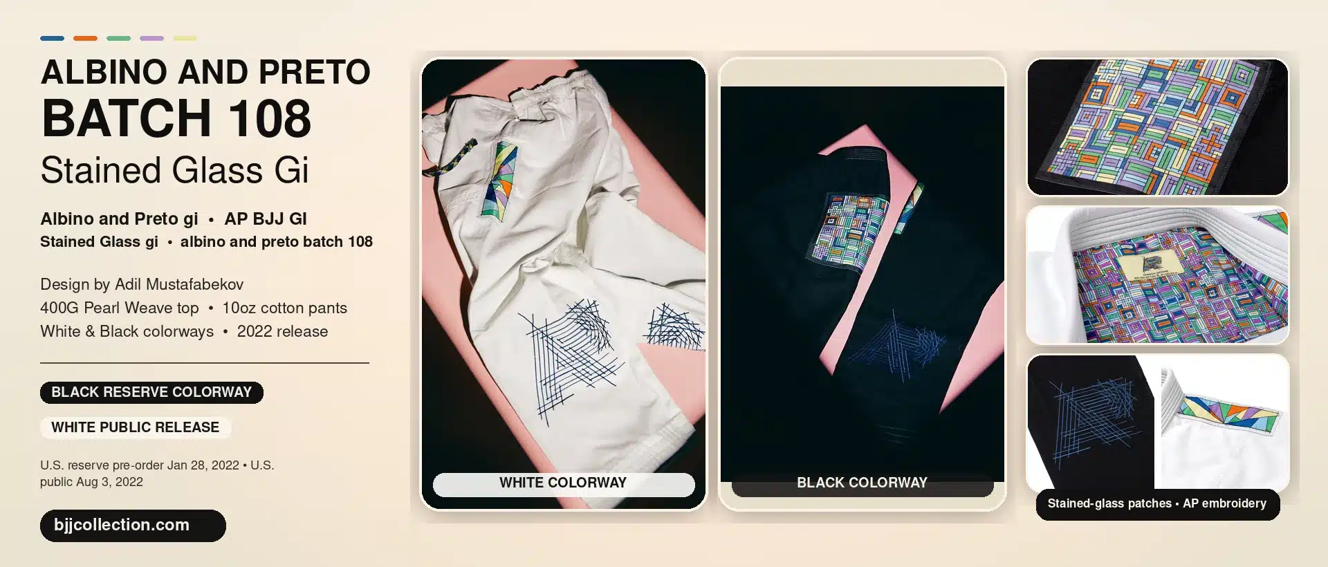 Albino and Preto Batch 108 Stained Glass gi header with white and black AP BJJ GI colorways and patch details